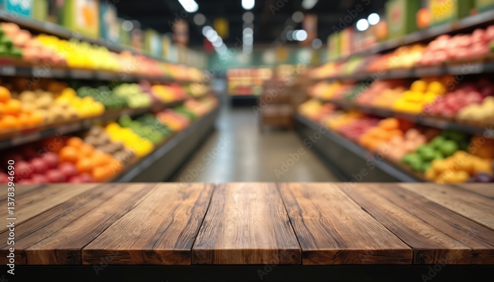 Fototapeta premium Empty wood table over blurred supermarket background. Fruits, vegetables shelves. Focus on wooden tabletop. Market, shop food concept. Fresh healthy organic produce on display. Advertising space.