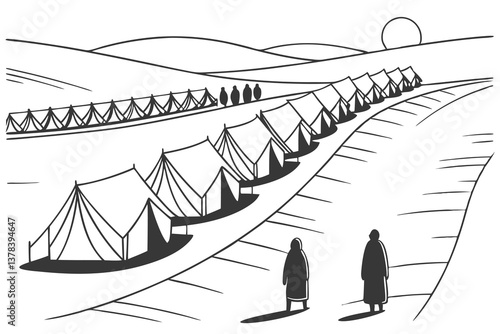 An early morning view of a refugee camp with rows of tents and people lining up amidst a vast landscape