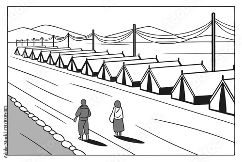 An early morning view of a refugee camp with rows of tents and people lining up amidst a vast landscape A
