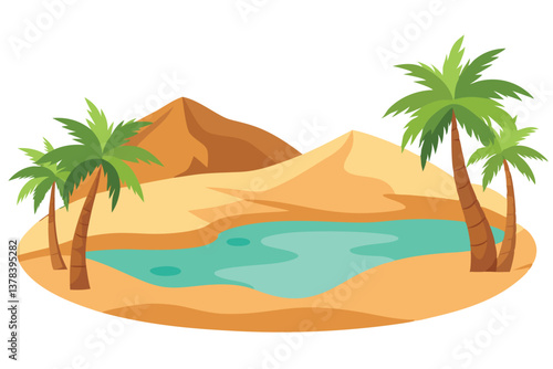 Oasis Sand Dunes with Green Palm Trees and Blue Water on White Background