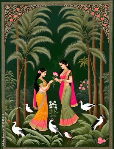 girl with flowers, traditional Indian art style painting, folk art, floral background with flowers