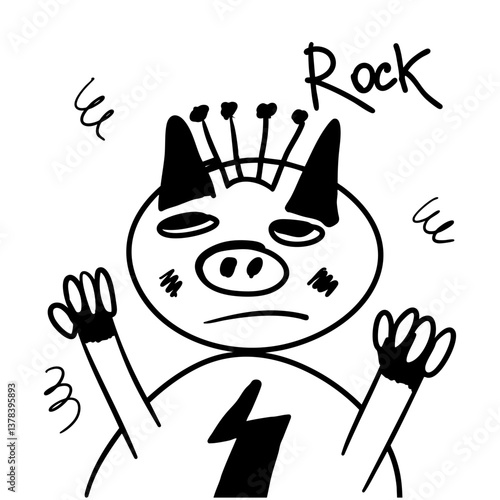 Rock Punk Pig Cartoon - Funny Hand-Drawn Vector Illustration