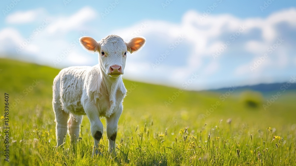 Obraz premium A Young Calf in the Meadow: A close-up shot of a cute young calf in a verdant meadow, bathed in natural light under a bright blue sky