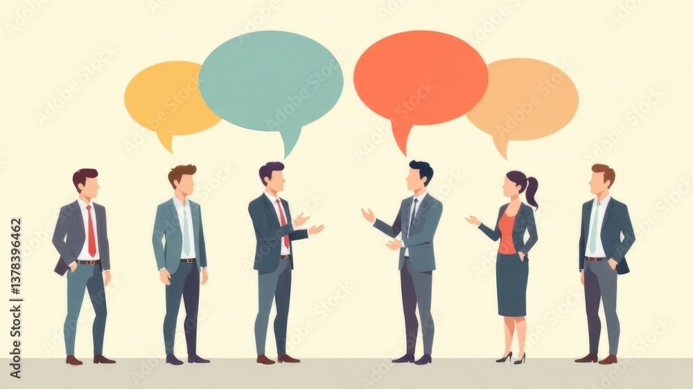 Business professionals discussing ideas with speech bubbles on light background. Business professionals discussing ideas with speech bubbles on light background.