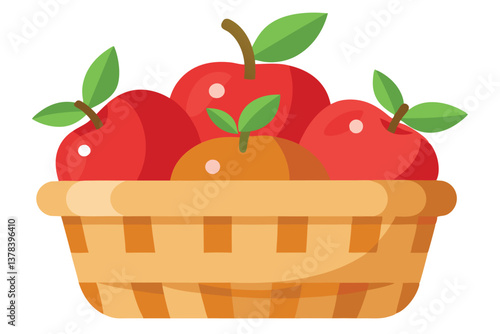 Red Apples and Orange Fruits in Brown Wicker Basket, Transparent Background Icon