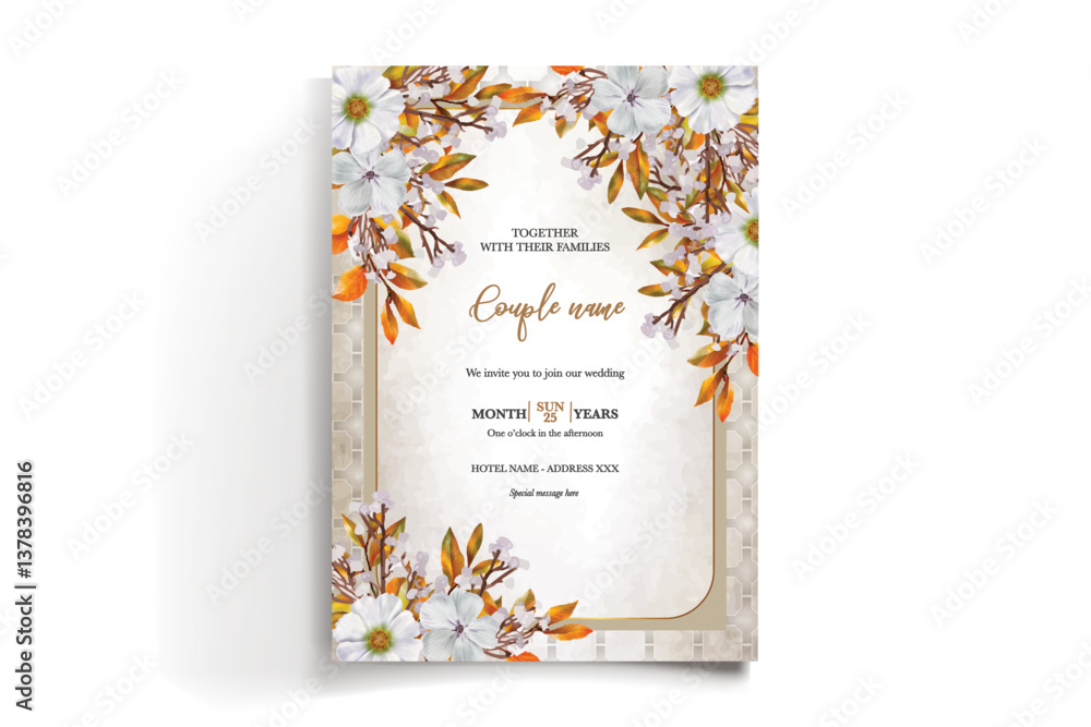 WEDDING INVITATION FRAME WITH FLOWER DECORATIONS AND FRESH LEAVES WEDDING INVITATION FRAME WITH FLOWER DECORATIONS AND FRESH LEAVES