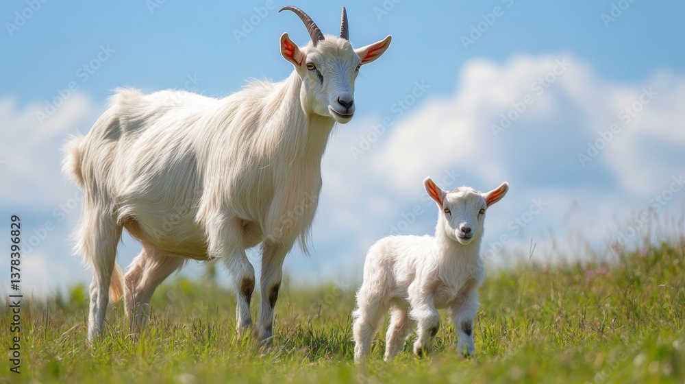 Fototapeta premium Serene Goat and Kid: A mother goat and her kid stand gracefully on a sun-drenched grassy hill. This image of harmony and the beauty of rural life captured in stunning detail.