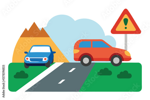 Red Sedan and Blue Car on Road with Warning Sign Flat Design