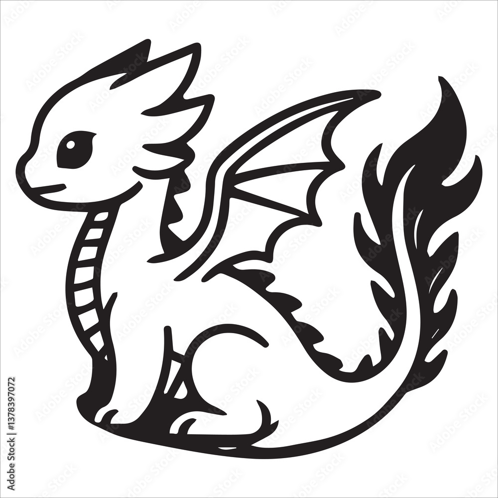 Obraz premium Baby Dragon Line Art in Sitting Pose, simple black an white baby dragon vector silhouette isolated on a white background