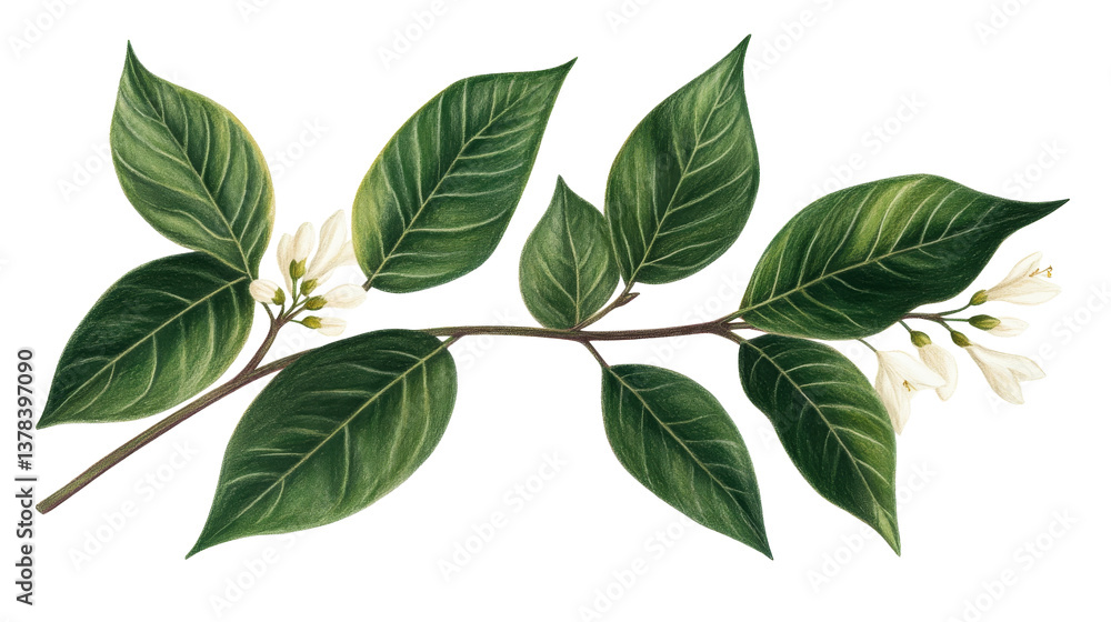 Tropical flowering twig with green leaves and white blooms, cut out transparent Tropical flowering twig with green leaves and white blooms, cut out transparent