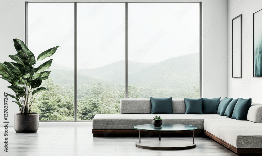 Modern living room with large windows showcasing mountain views and minimal decor Modern living room with large windows showcasing mountain views and minimal decor