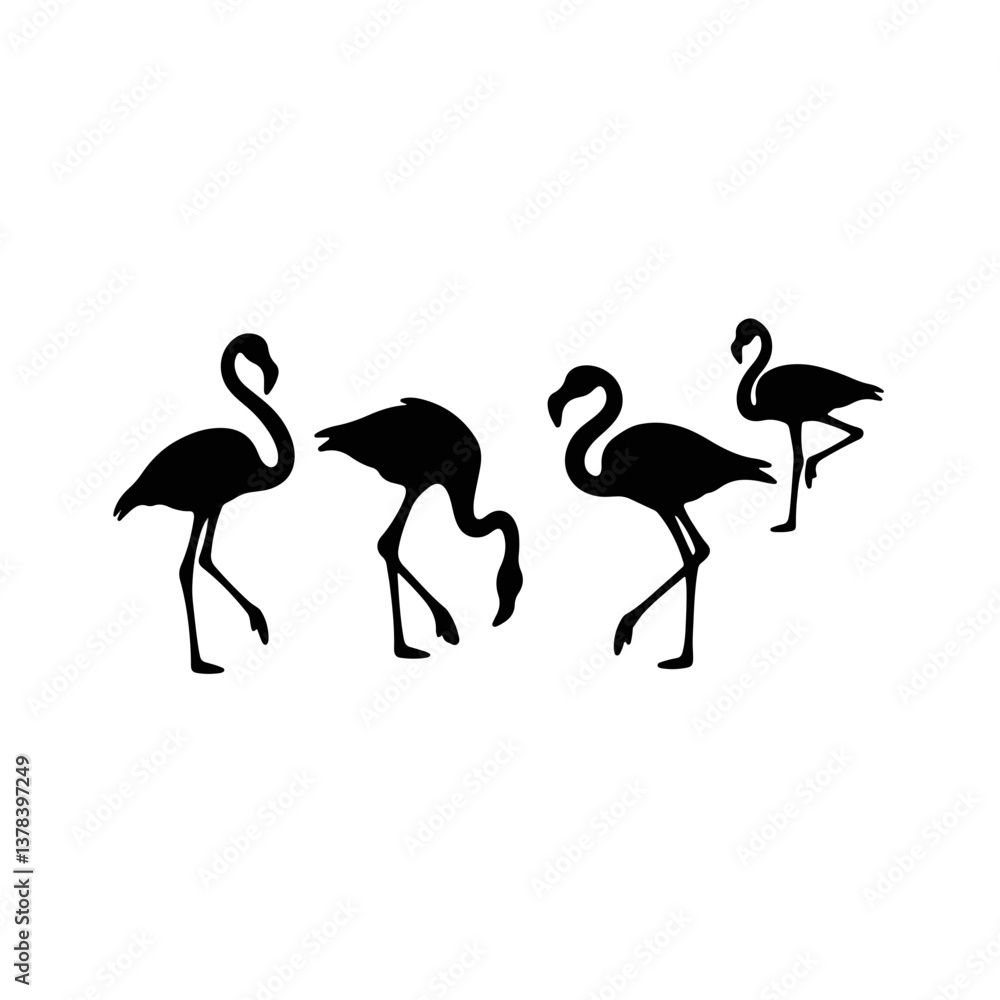 Fototapeta premium Graceful flamingo silhouettes wading on white background, elegance symbol