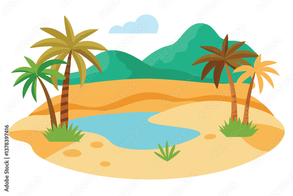 Obraz premium Scenic Desert Oasis Landscape with Palm Trees, Water, and Distant Mountains