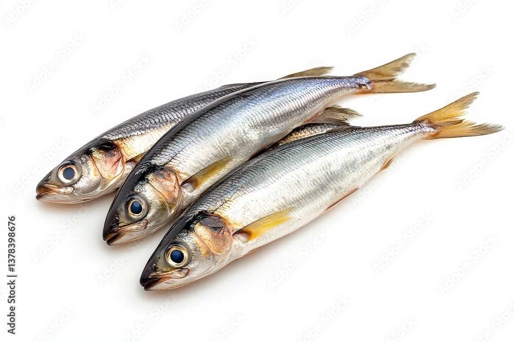 Three small silvery fish are arranged in a diagonal line Three small silvery fish are arranged in a diagonal line