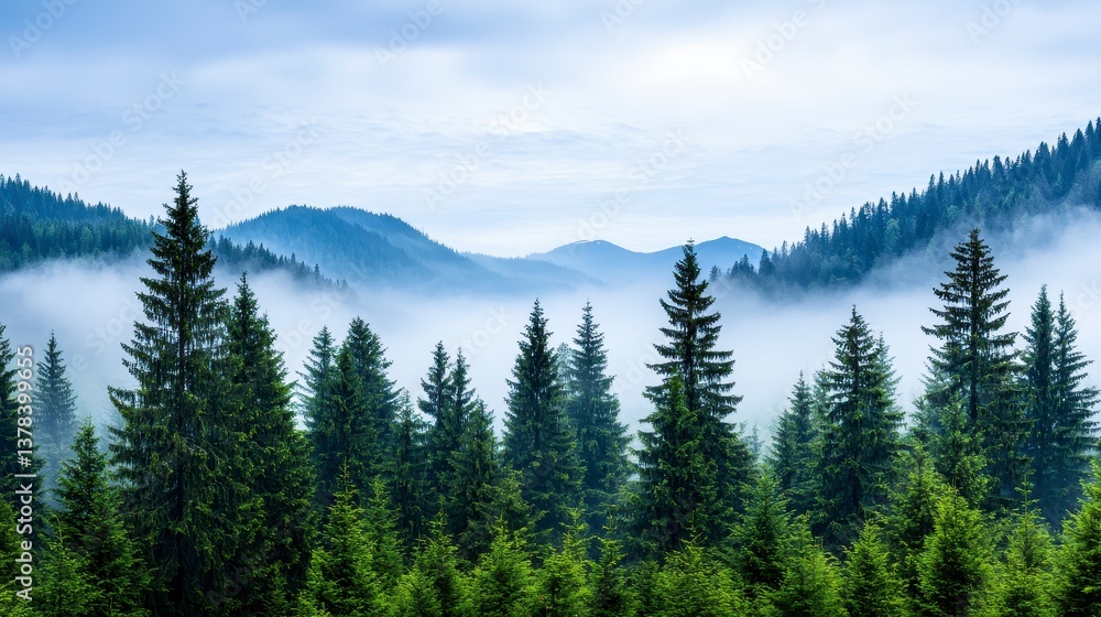 Misty Mountain Landscape with Evergreen Forest Misty Mountain Landscape with Evergreen Forest