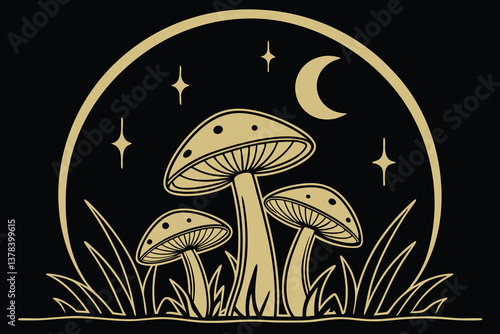 Red amanita toadstool vector illustration among green grass
