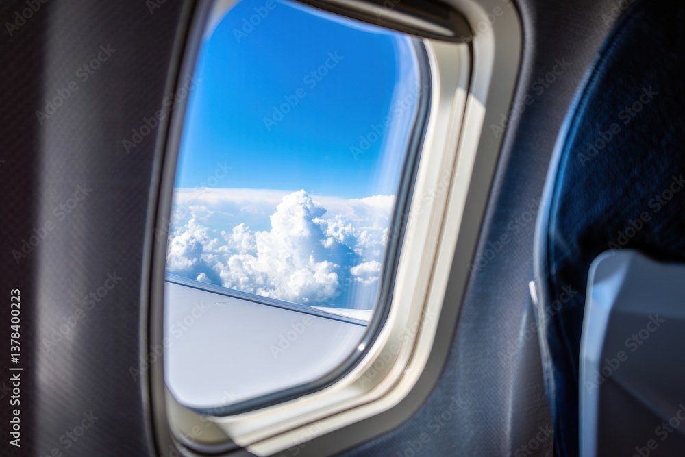Airplane window view showcasing bright blue sky and fluffy clouds, with a passenger seat in the foreground Airplane window view showcasing bright blue sky and fluffy clouds, with a passenger seat in the foreground