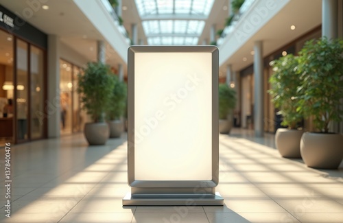 Obraz na płótnie Empty advertising stand in mall central aisle. Display with blank white surface for advertisement promotion poster. Modern interior with plants. Copy space for business marketing retail. w salonie