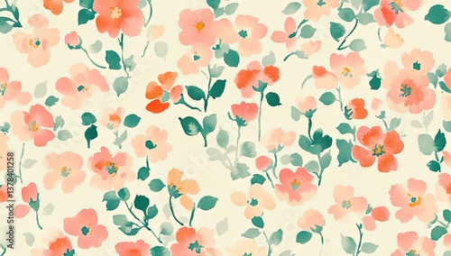 Fototapeta Naklejka Na Ścianę i Meble -  Delicate floral print with pastel blossoms and foliage. Soft watercolor style
