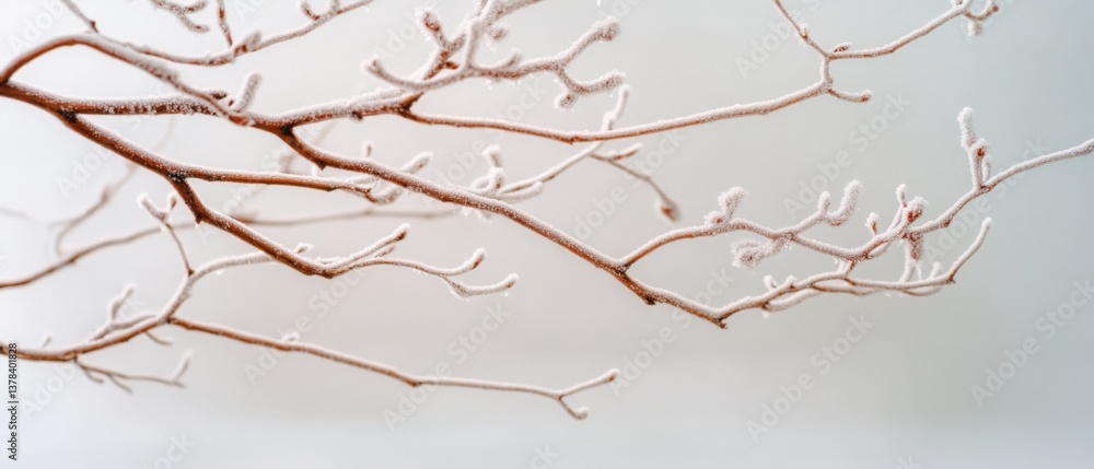 Fototapeta premium Frost-kissed branches stretch elegantly against a muted sky, embodying winter's delicate touch and quiet calm.