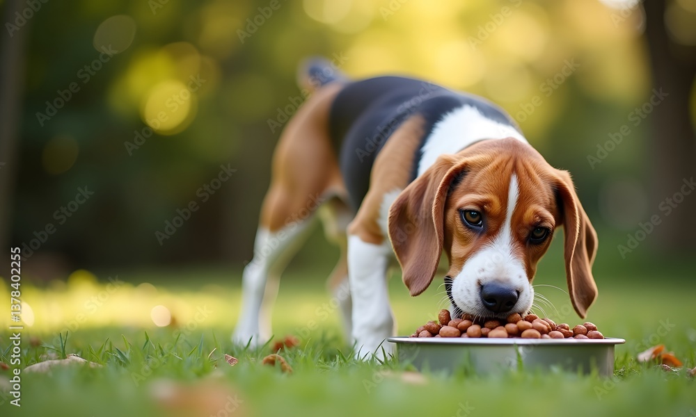 Content Beagle Puppy Eating from Bowl in Garden Setting Content Beagle Puppy Eating from Bowl in Garden Setting