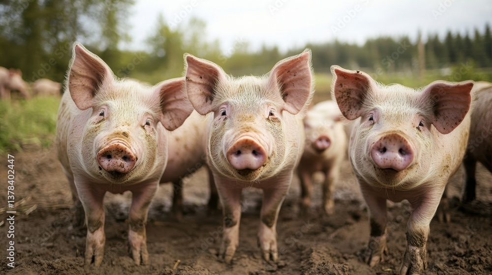 Pig Pals: Capturing the innocence of a group of pigs standing closely in a farm field. Pig Pals: Capturing the innocence of a group of pigs standing closely in a farm field.