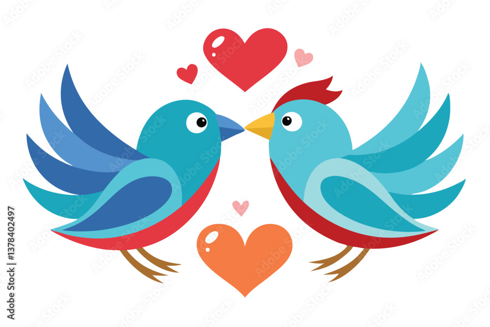 Obraz premium Two Cute Cartoon Birds Touching Beaks with Hearts on White Background