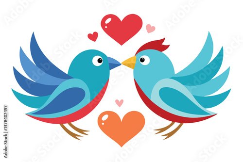 Two Cute Cartoon Birds Touching Beaks with Hearts on White Background