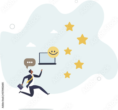 Positive thinking and optimism concept.Employee motivation.good reviews online.flat character life .