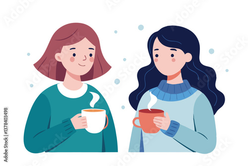 Two Young Women Holding Steaming Mugs, Cold Weather, Smiling, in Blue Sweaters, Isolated