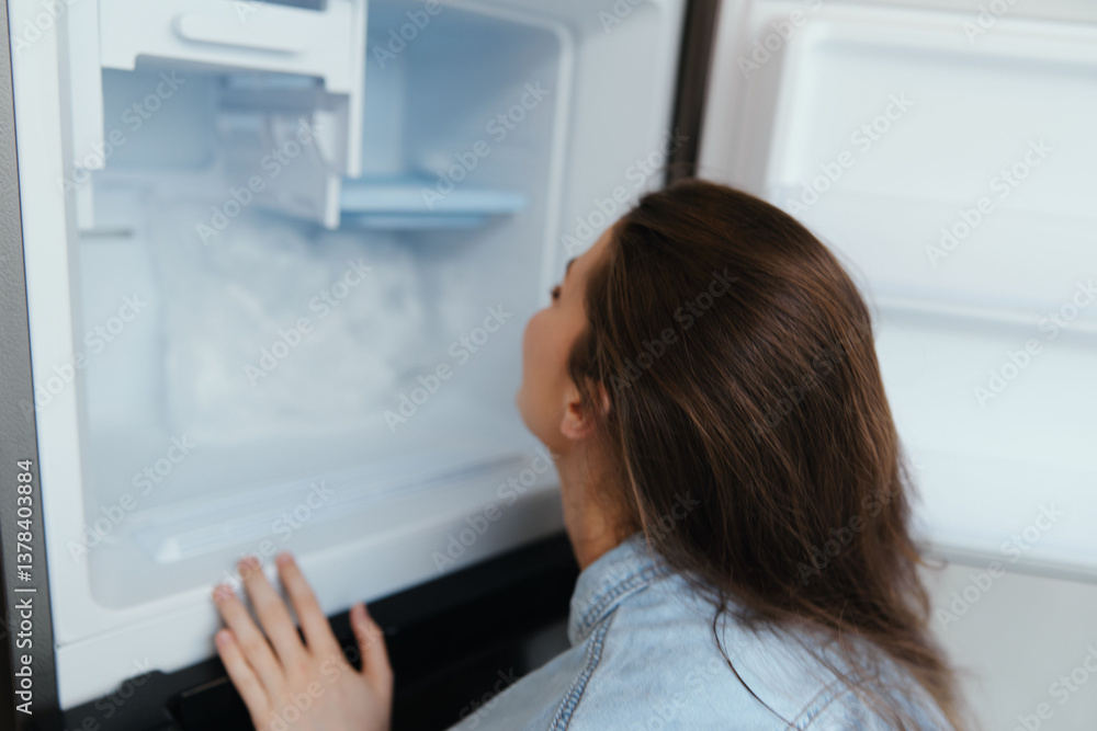 Woman looking into a refrigerator, displaying curiosity and surprise, with a modern kitchen backdrop and soft color palette, perfect for healthy eating concepts Woman looking into a refrigerator, displaying curiosity and surprise, with a modern kitchen backdrop and soft color palette, perfect for healthy eating concepts