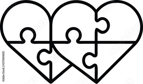 Interlocking Heart Puzzle Line Art, Transparent Background Design Element, Simple Outline