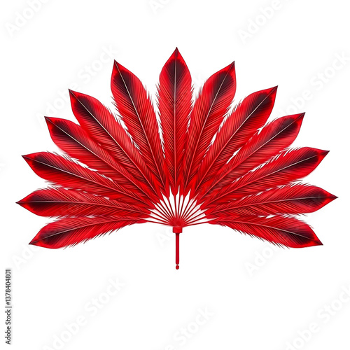 Vibrant red feather fan elegantly arranged against white background. AI Generated