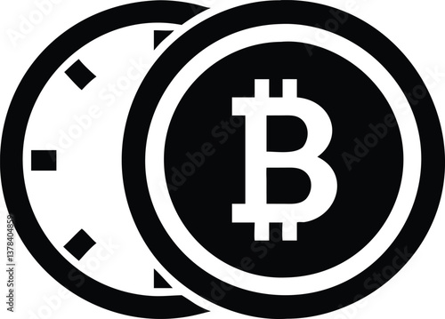 Intersected Bitcoin Coin, Abstract Blockchain Clock in Black and White on Transparent