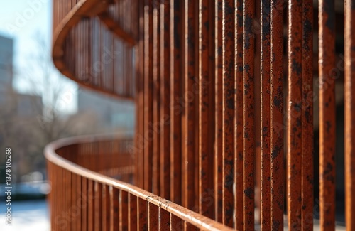 Rusty metal spiral staircase railing in urban setting. Weathered industrial design, red-orange tones. Architectural detail, vertical bars, spiral structure. Exterior design, city park, building