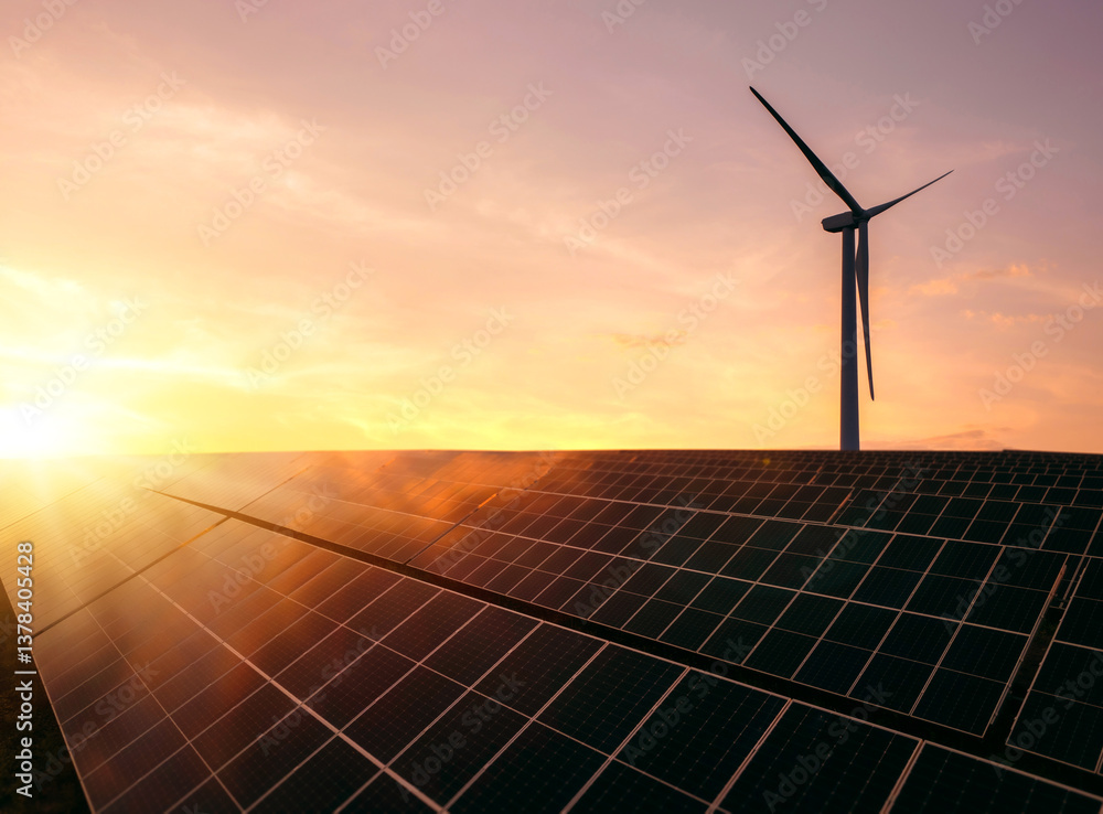Solar panels park and wind turbines at sunset.Windmill turbines generating green energy electric. Green energy reduce carbon emissions and makes earth cleaner and more ecological. Solar panels park and wind turbines at sunset.Windmill turbines generating green energy electric. Green energy reduce carbon emissions and makes earth cleaner and more ecological.