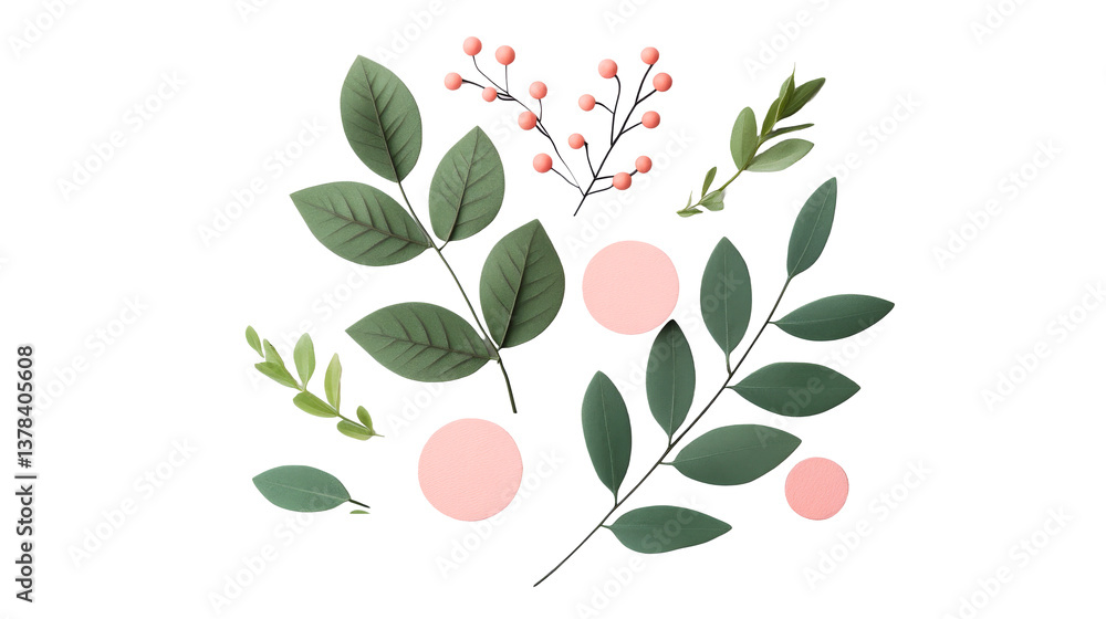 Naklejka premium Elegant sprigs and leaves with pink circles, minimal composition, cut out transparent