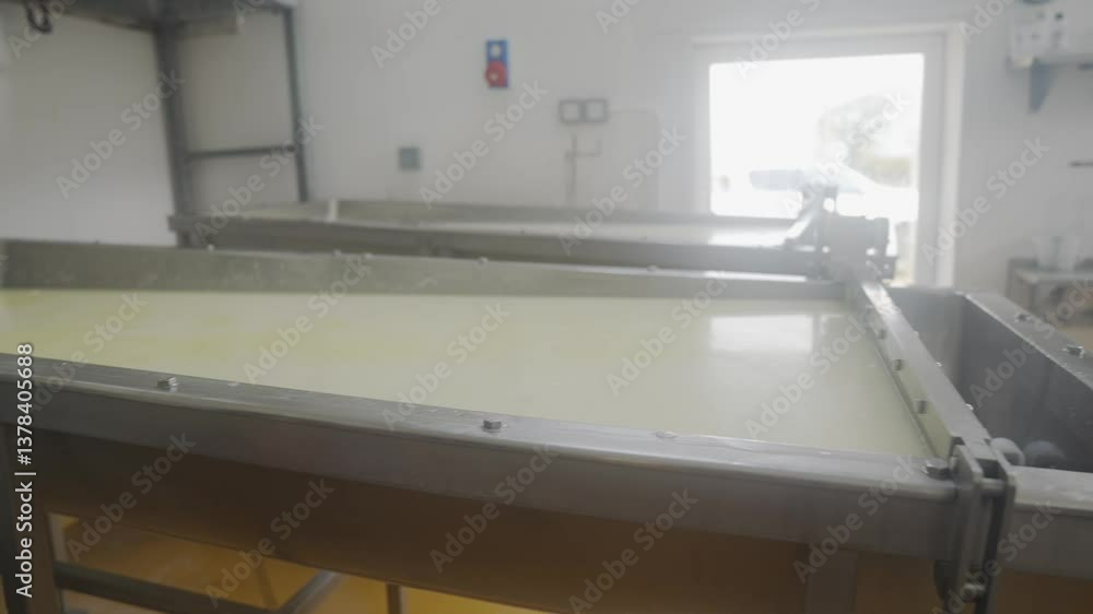 A large stainless steel container with a white liquid inside. The container is in a room with a door A large stainless steel container with a white liquid inside. The container is in a room with a door