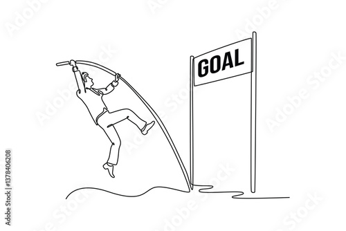 Businessman pole vaulting towards his goal. personal goals. Personal goals concept. Single line draw design. Vector graphic illustration