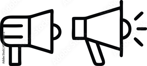Isolated Pair of Megaphone Icons, Black Outline, Transparent Background, Symbol Design