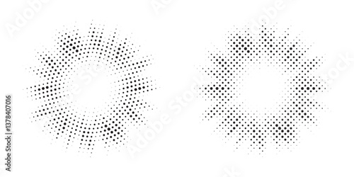 Halftone circle frame background set. Round border Icon using halftone random circle. Grunge circular stain. Vector illustration.