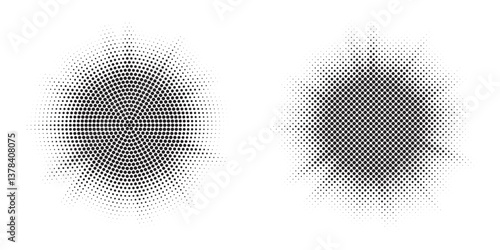 Burst halftone light effect. Glowing light burst halftone circle. Abstract grunge halftone dots background. 