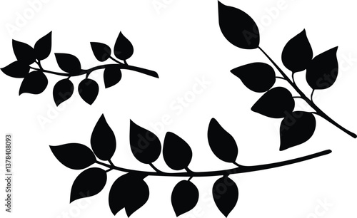 Leafy Branch Black Silhouette Set on Transparent Background Isolated Design