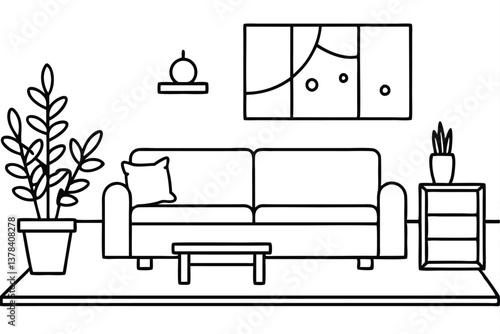 Line art living room scene, sofa, plant, table, art piece, on a transparent background