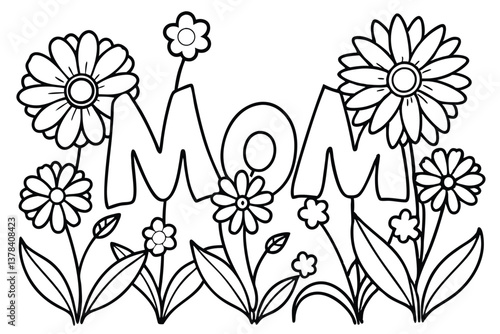 Line Art Word Mom with Flowers and Leaves on Transparent Background