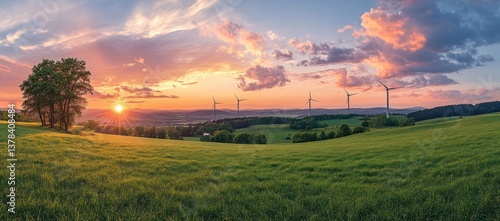 Vibrant sunset illuminating a field of green grass with wind turbines