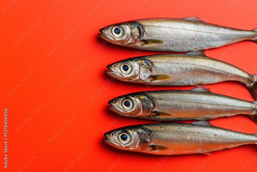 Fototapeta premium Four silver fish are arranged in a neat horizontal row