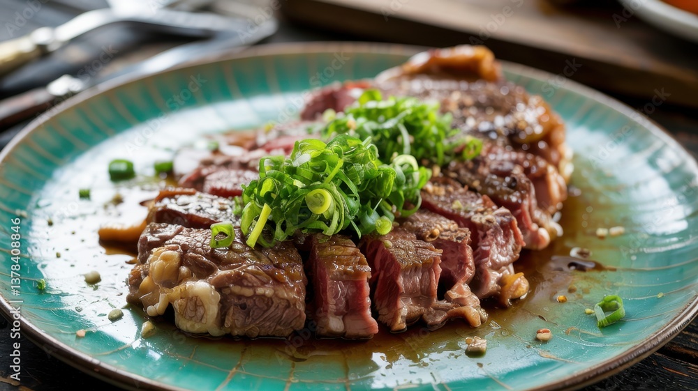 Perfectly cooked steak garnished with fresh green onions on a vibrant plate Perfectly cooked steak garnished with fresh green onions on a vibrant plate
