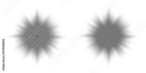 Burst halftone light effect. Glowing light burst halftone circle. Abstract grunge halftone dots background. 