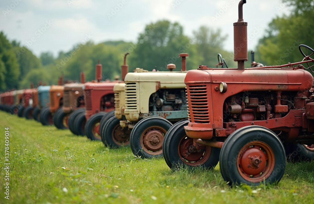 Naklejka premium Row old rusty agricultural tractors parked on green grass. Dilapidated vintage farm equipment stand lined up. Antique machinery on rural countryside, agriculture past. Classic heavy vehicles outdoors.